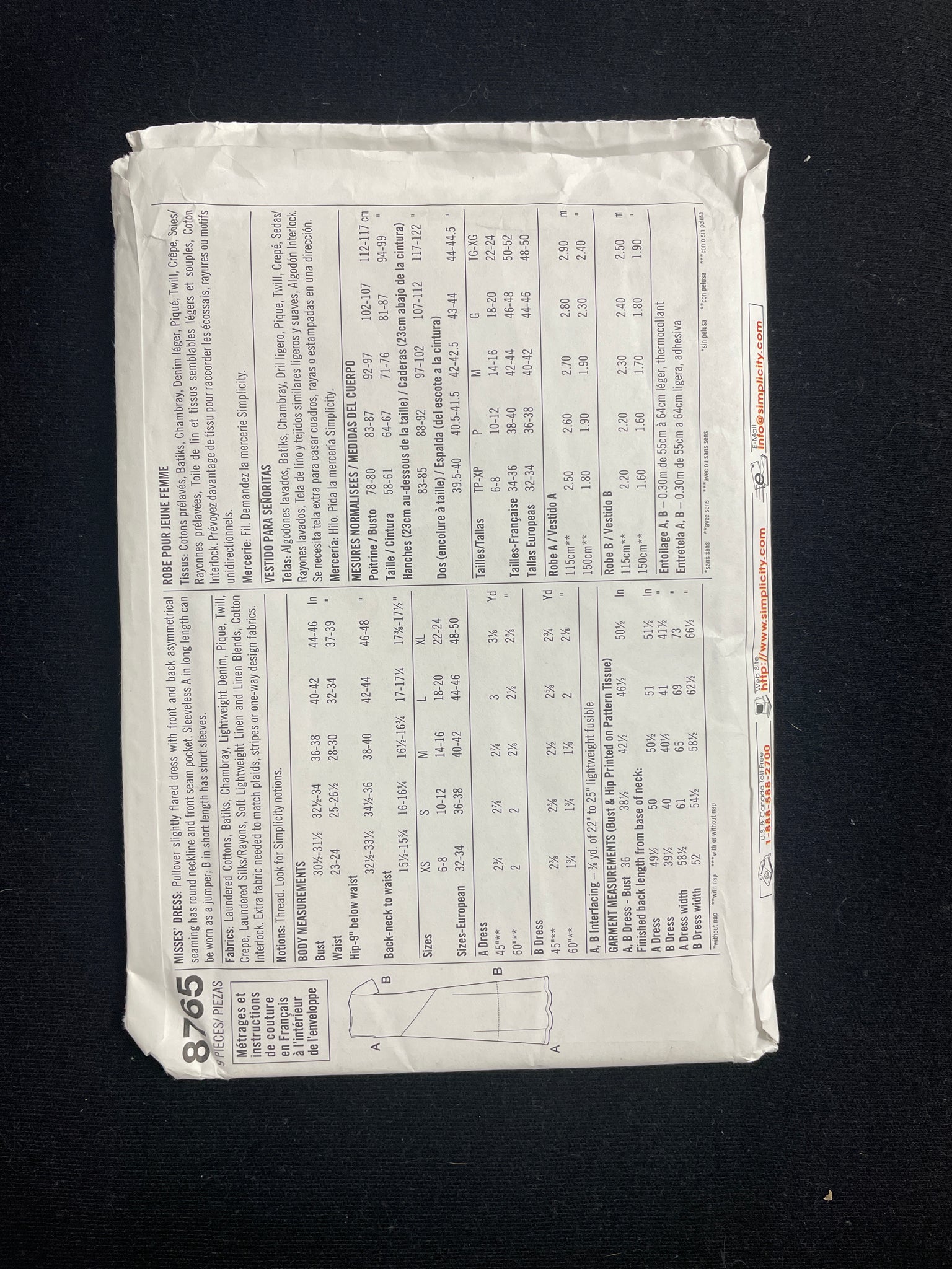 1999 Simplicity 8765 Sewing Pattern - Adult Dresses FACTORY FOLDED