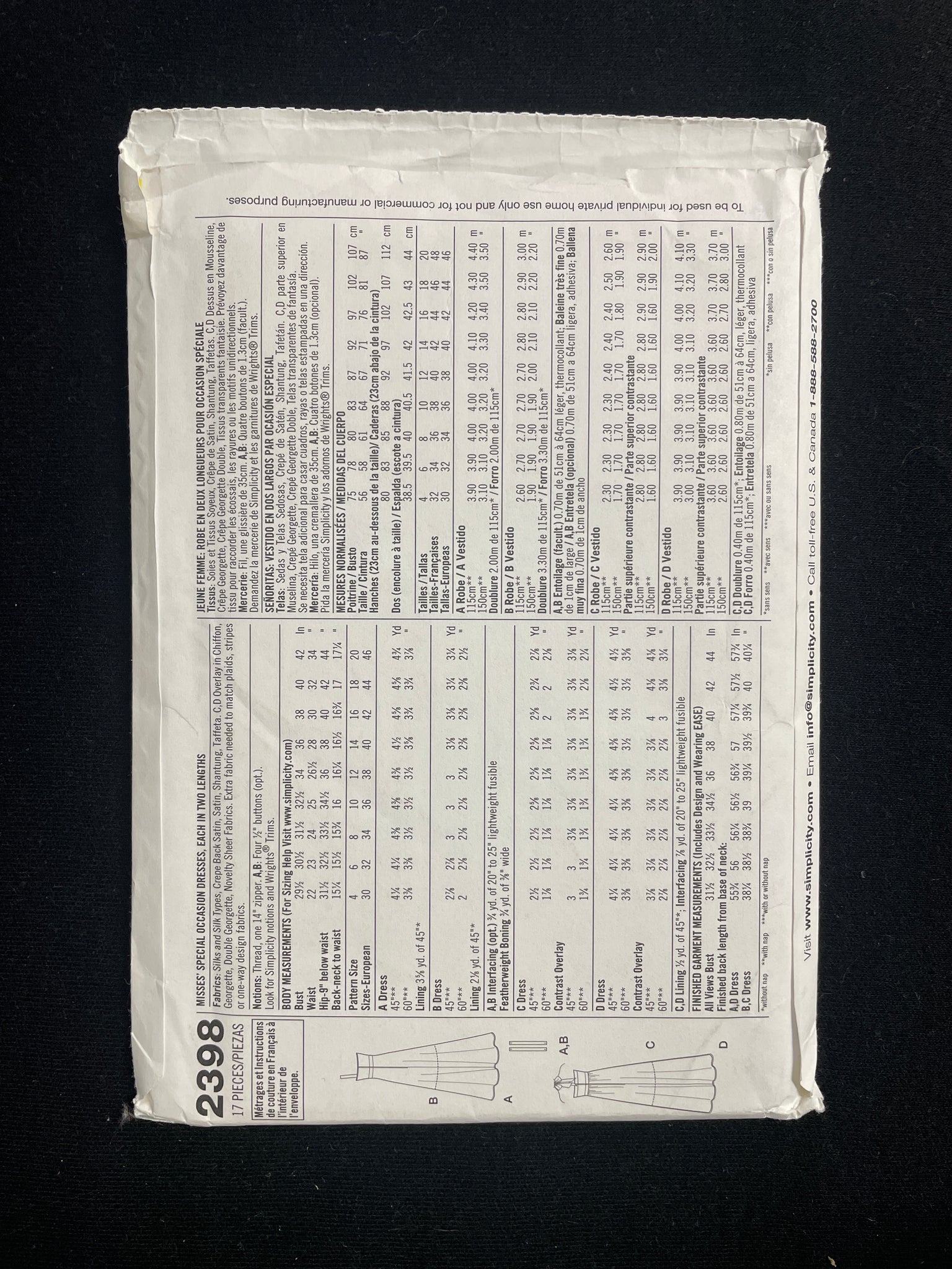 2010 Simplicity 2398 Sewing Pattern - Adult Dresses FACTORY FOLDED