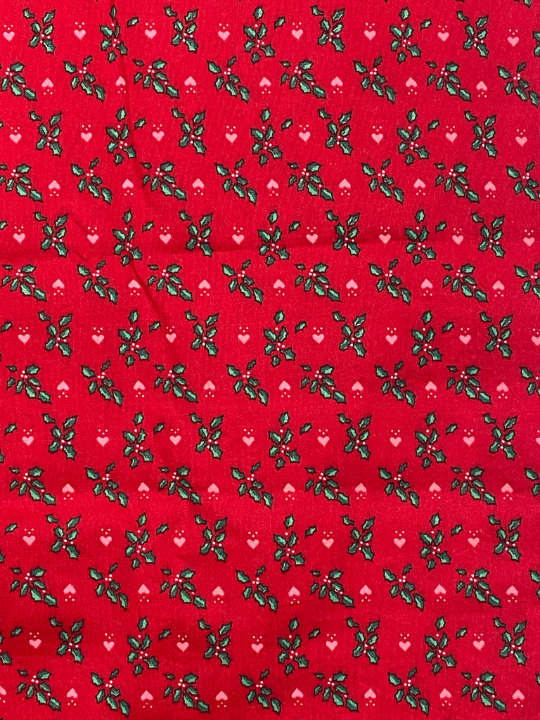 3/4 YD Quilting Cotton Remnant - Red with Pink Hearts and Green Holly