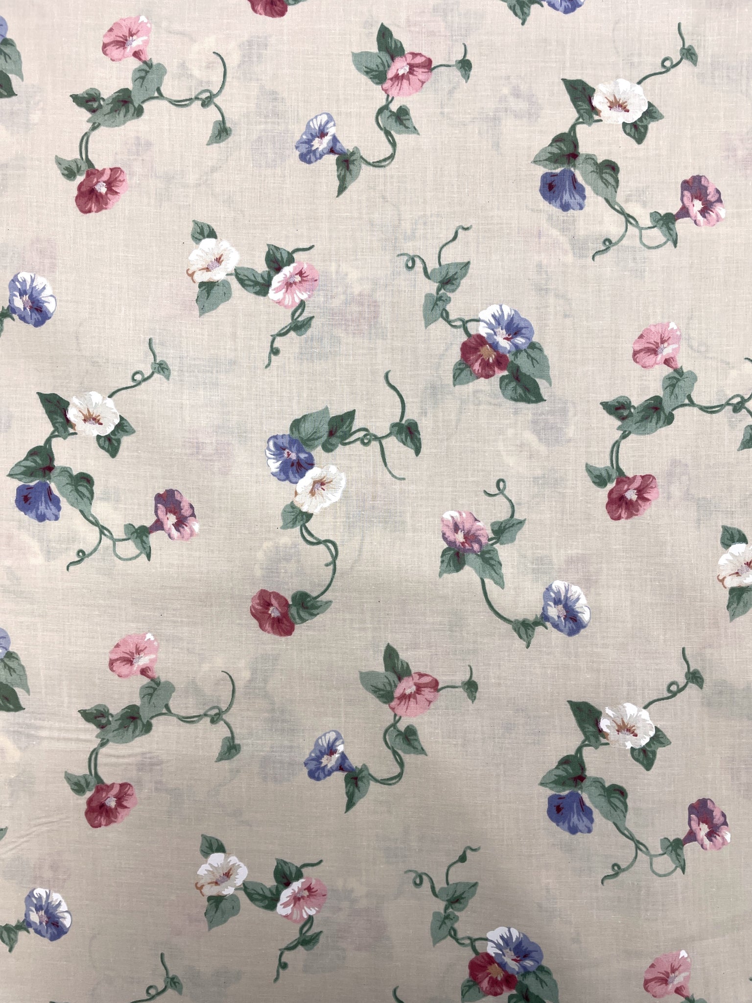 Poly/Cotton Vintage - Light Beige with Multi Colored Morning Glory Flowers