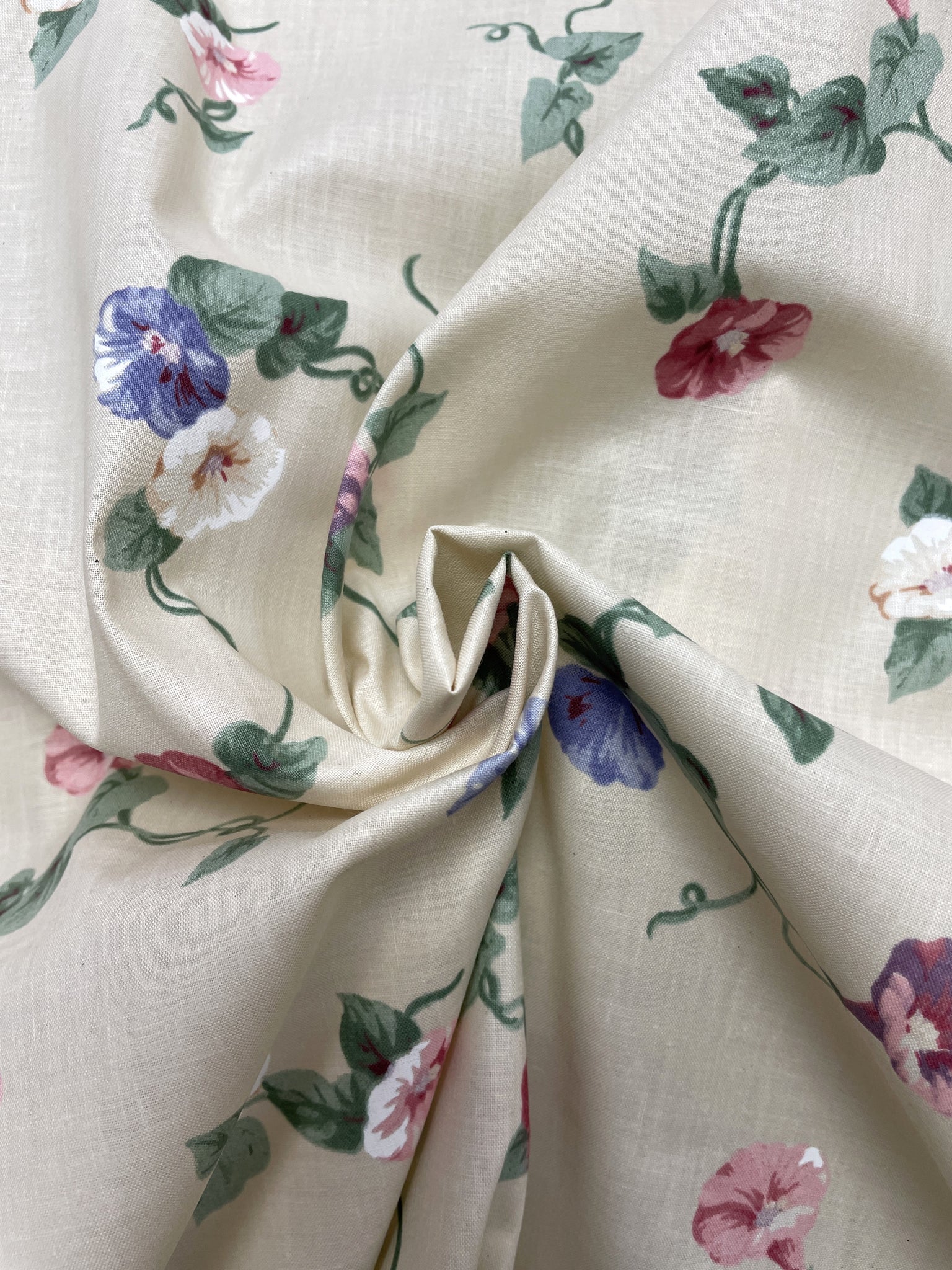 Poly/Cotton Vintage - Light Beige with Multi Colored Morning Glory Flowers