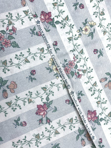 Poly/Cotton Vintage - White with Stripes of Flowers and Tiny Blue Dots