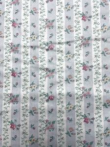 Poly/Cotton Vintage - White with Stripes of Flowers and Tiny Blue Dots