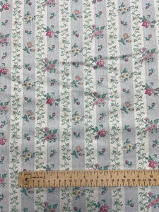 Poly/Cotton Vintage - White with Stripes of Flowers and Tiny Blue Dots