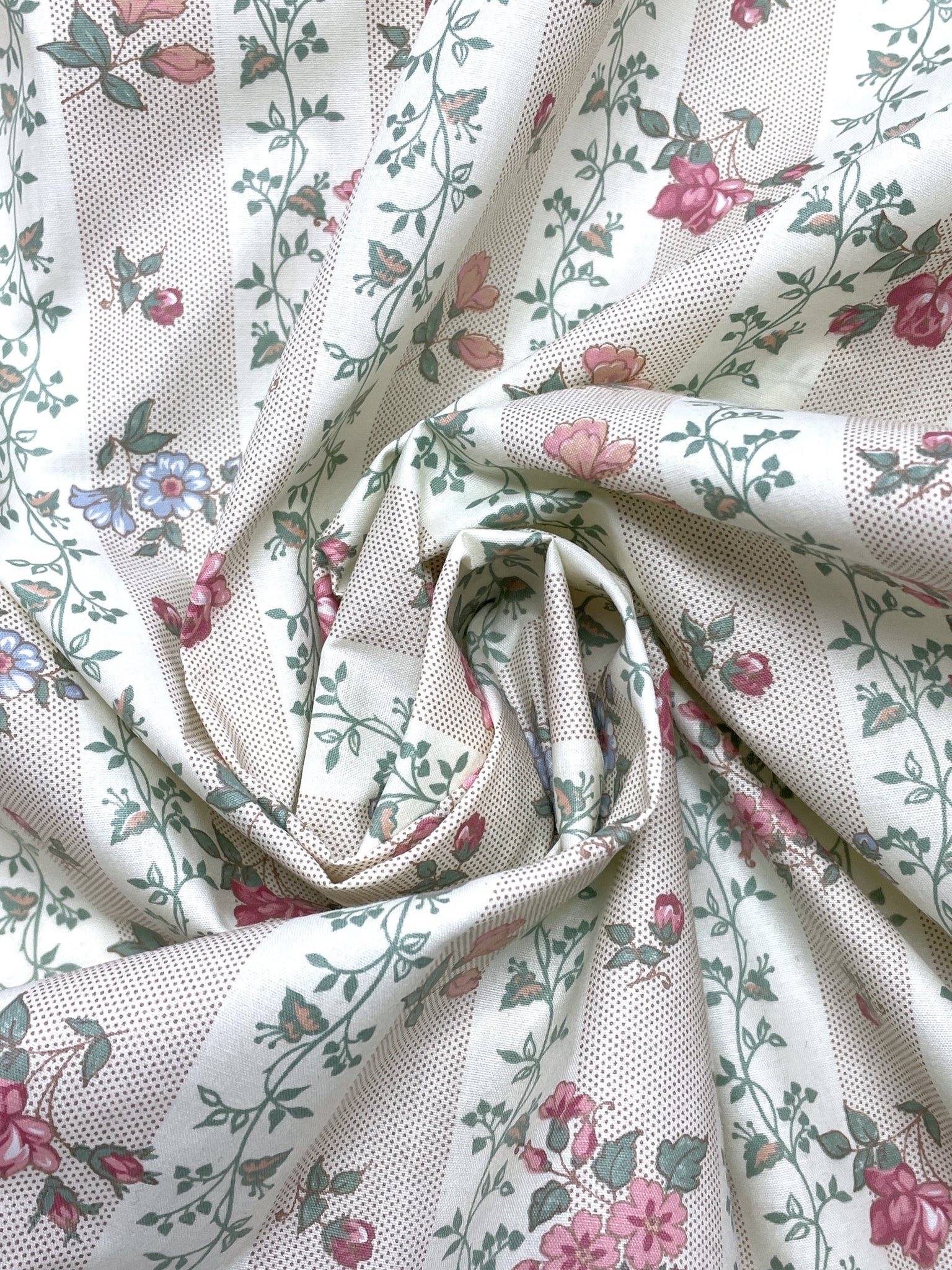 4 1/4 YD Poly/Cotton Vintage - Off White with Stripes of Flowers and Tiny Dusty Pink Dots