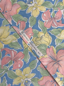 Poly/Cotton Vintage -Pink and Yellow Flowers with Green Leaves on Blue Background