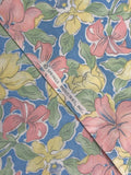 Poly/Cotton Vintage -Pink and Yellow Flowers with Green Leaves on Blue Background