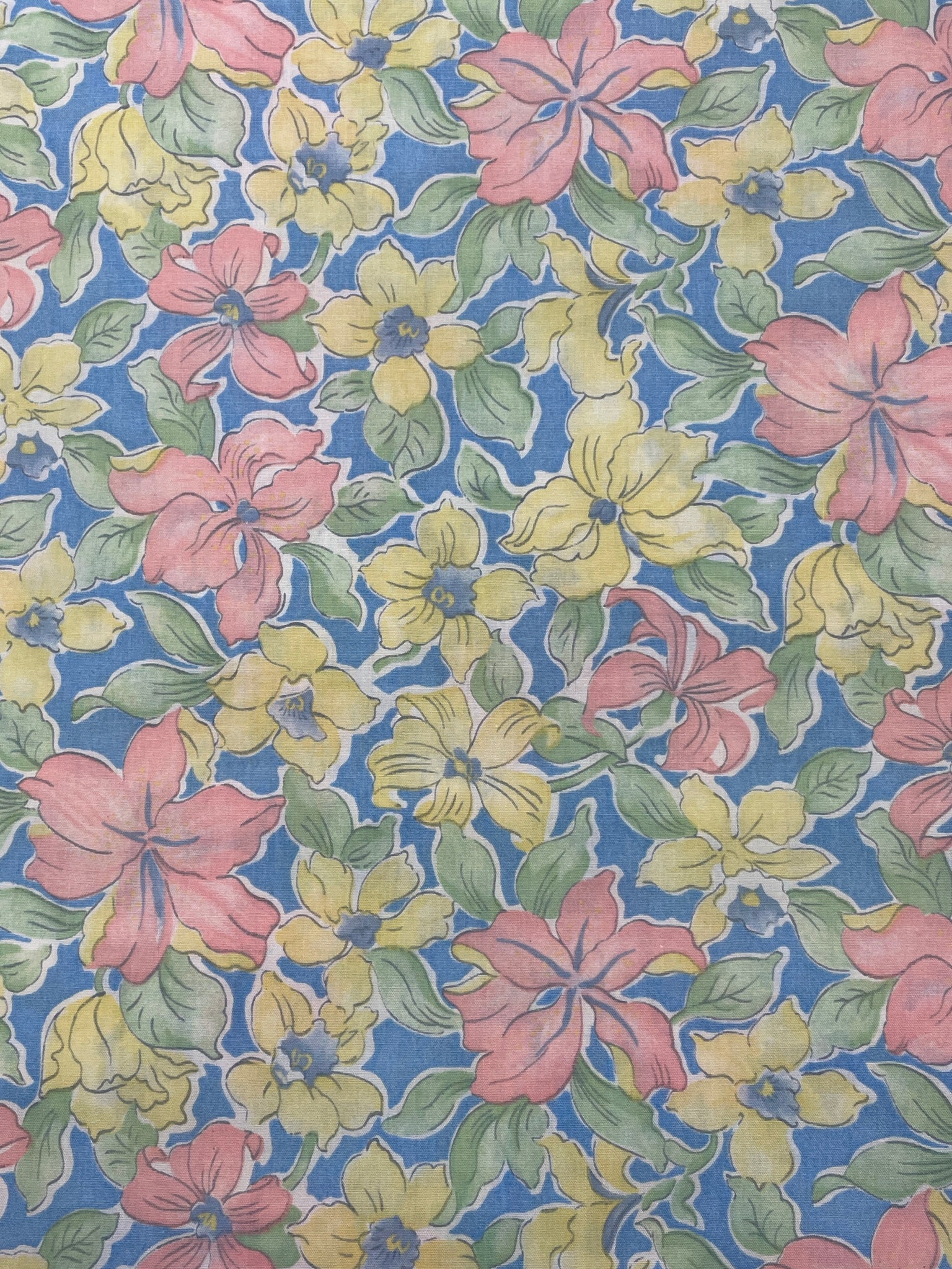 Poly/Cotton Vintage -Pink and Yellow Flowers with Green Leaves on Blue Background