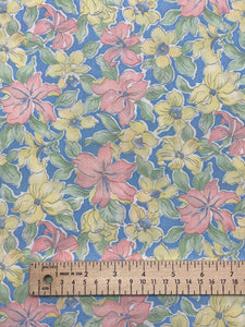 Poly/Cotton Vintage -Pink and Yellow Flowers with Green Leaves on Blue Background