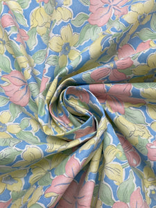 Poly/Cotton Vintage -Pink and Yellow Flowers with Green Leaves on Blue Background