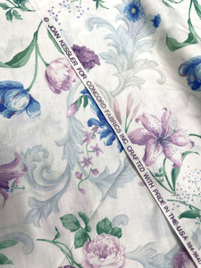 Poly/Cotton Vintage - White with Blue and Lavender Flowers with Pale Blue Filigree