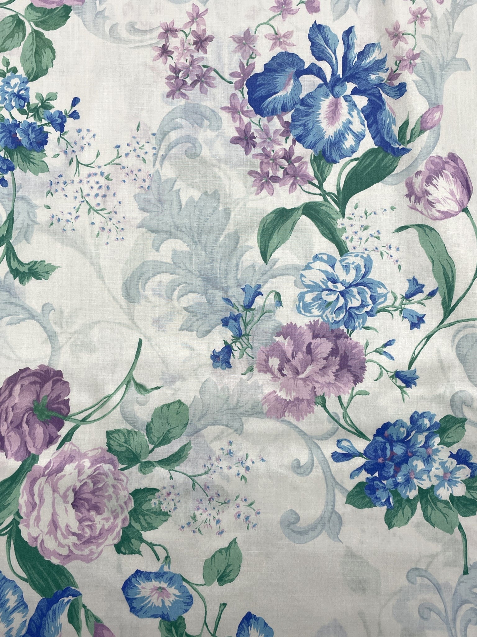 3 YD Poly/Cotton Vintage - White with Blue and Lavender Flowers with Pale Blue Filigree