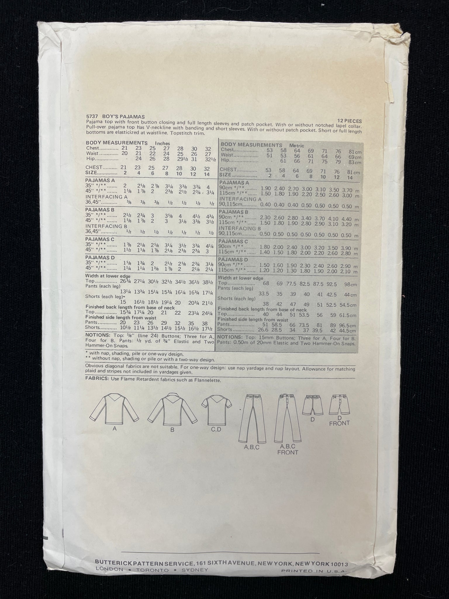 1970s Butterick 5737 Sewing Pattern - Child's Pajamas