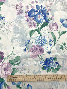 Poly/Cotton Vintage - White with Blue and Lavender Flowers with Pale Blue Filigree