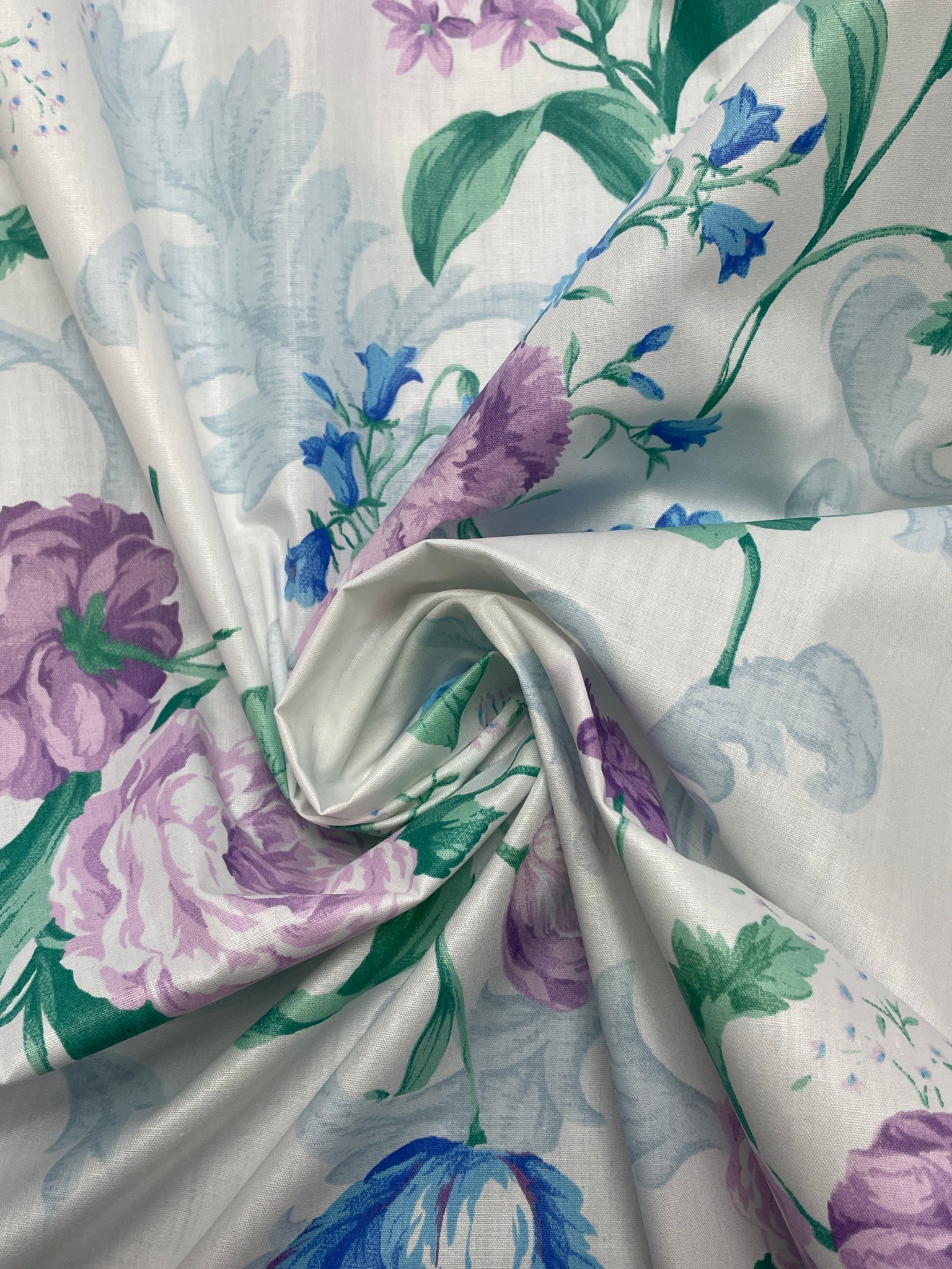 3 YD Poly/Cotton Vintage - White with Blue and Lavender Flowers with Pale Blue Filigree