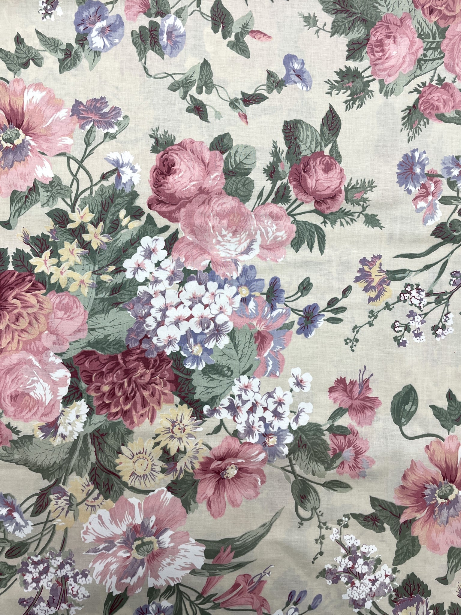 Poly/Cotton Vintage - Pink, Mauve and Lavender Flowers on Light Beige