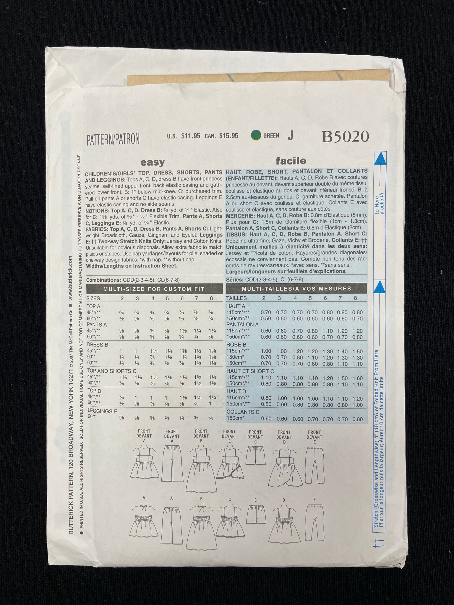 2007 Butterick 5020 Sewing Pattern - Child's Knit Top, Dress, Shorts, Pants, and Leggings FACTORY FOLDED