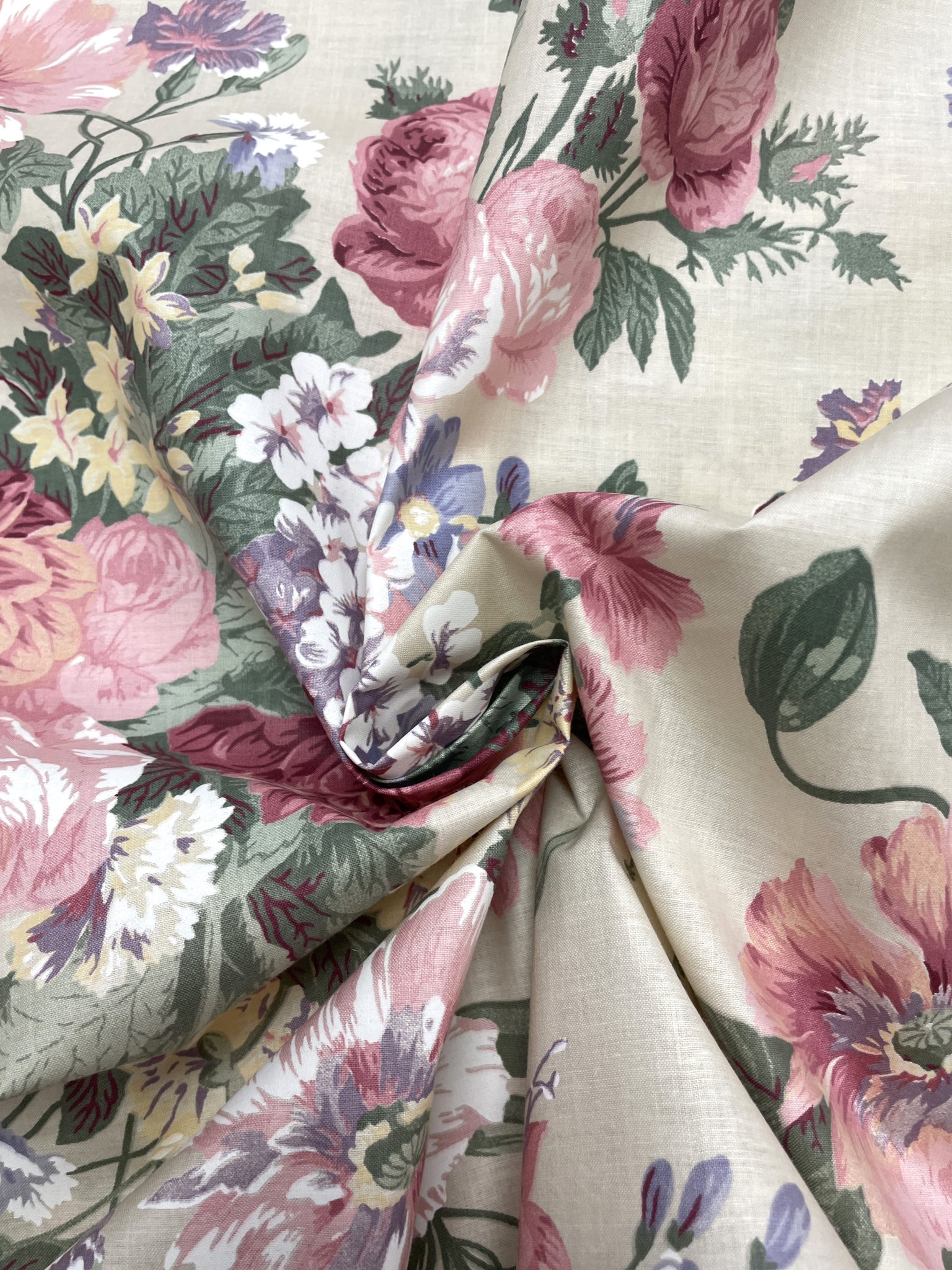 Poly/Cotton Vintage - Pink, Mauve and Lavender Flowers on Light Beige