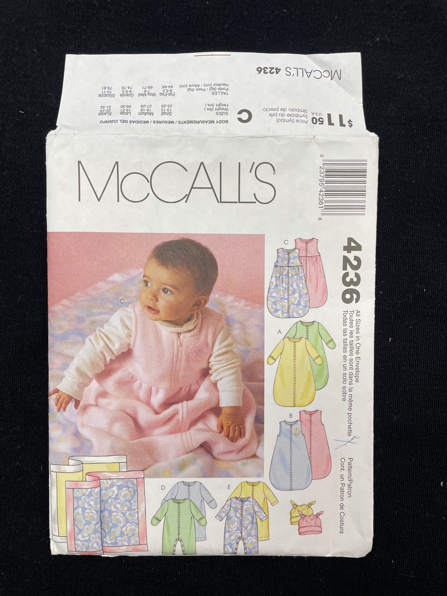 2003 McCall's 4236 Sewing Pattern - Babies' Knit Buntings, Jumpsuits, Hat and Blanket FACTORY FOLDED