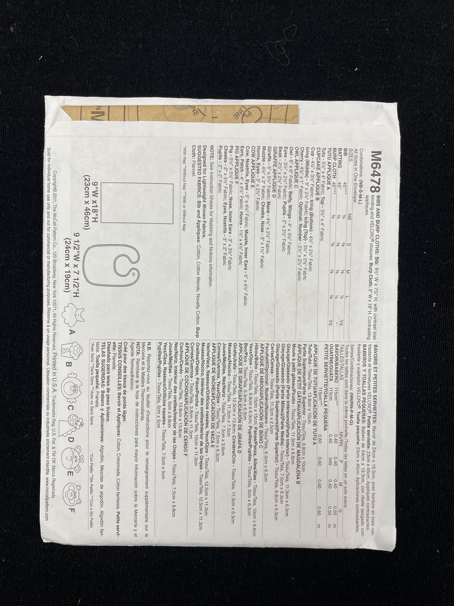 2011 McCall's 6478 Sewing Pattern - Babies' Bibs and Burpcloths