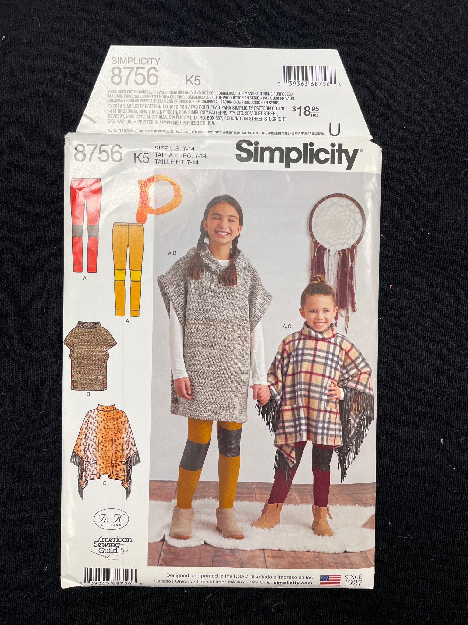 2018 Simplicity 8756 Sewing Pattern - Child's Ponchos and Knit Leggings FACTORY FOLDED