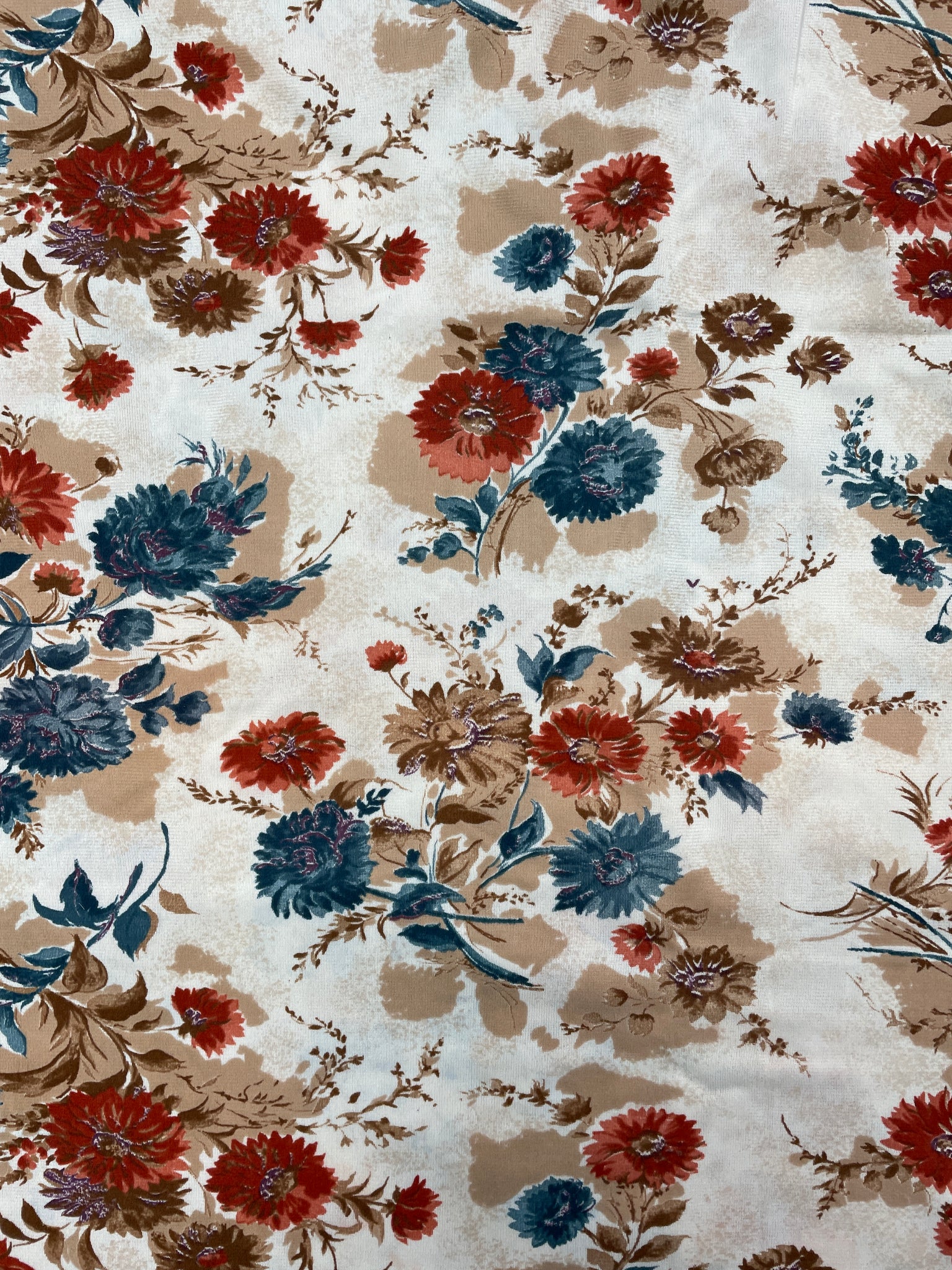 1 5/8 YD Nylon Knit Vintage - Tan, Burnt Orange and Blue Flowers on Off White