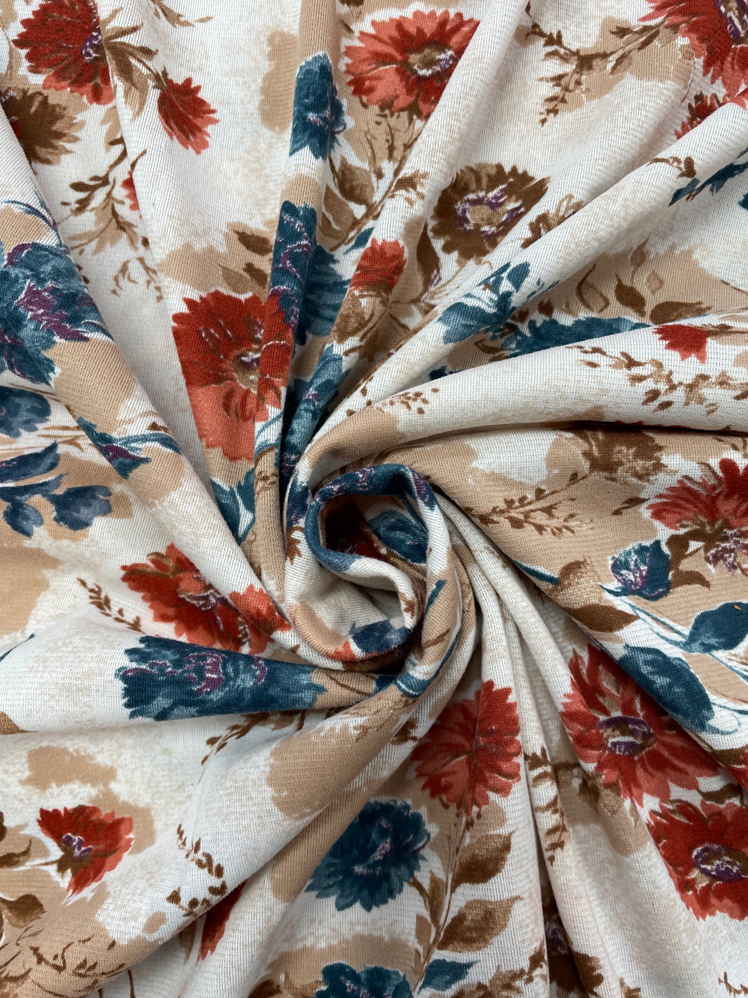 1 5/8 YD Nylon Knit Vintage - Tan, Burnt Orange and Blue Flowers on Off White
