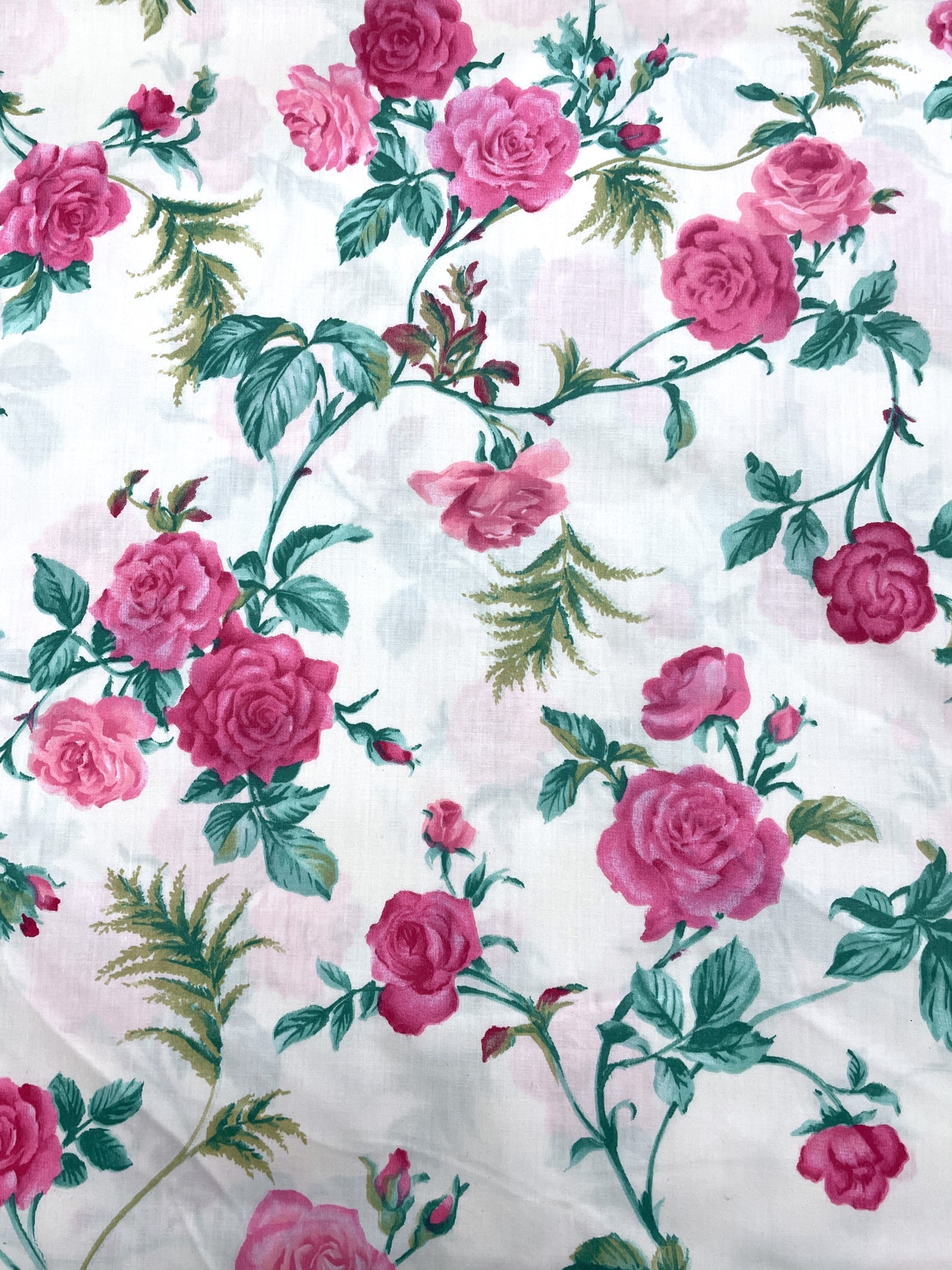 Poly/Cotton Vintage - Off White with Hot Pink Roses and Bright Green Leaves