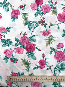 Poly/Cotton Vintage - Off White with Hot Pink Roses and Bright Green Leaves
