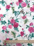 Poly/Cotton Vintage - Off White with Hot Pink Roses and Bright Green Leaves
