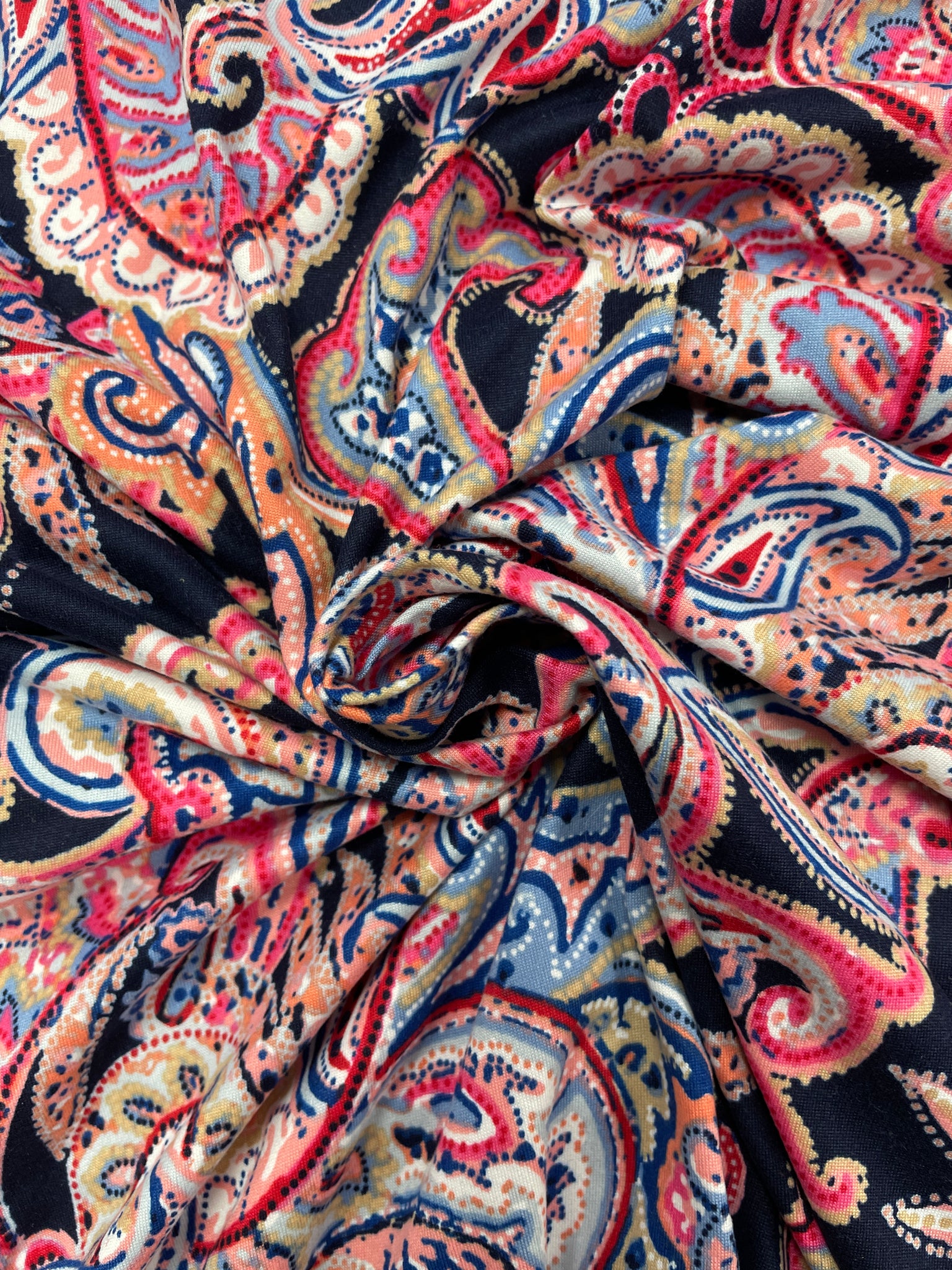 2 1/2 YD Synthetic Knit - Large Multicolored Paisley on Black