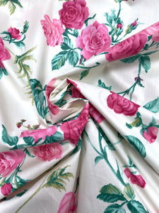 Poly/Cotton Vintage - Off White with Hot Pink Roses and Bright Green Leaves