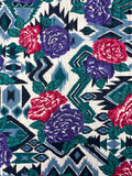 1 YD Poly/Cotton Knit with Self Stripe Vintage - Flowers in Red and Purple Over Southwestern Style Graphics in Green, Blue and Black