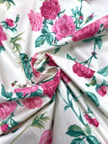 Poly/Cotton Vintage - Off White with Hot Pink Roses and Bright Green Leaves