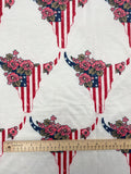 1 YD Cotton Blend French Terry Knit - White with American Flag Cow Skulls with Flowers