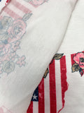 1 YD Cotton Blend French Terry Knit - White with American Flag Cow Skulls with Flowers