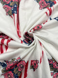 1 YD Cotton Blend French Terry Knit - White with American Flag Cow Skulls with Flowers