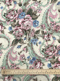 Cotton Vintage - Light Beige with Pink and Blue Flowers with Pink, Blue and Green Filigree