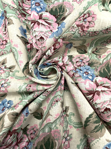 Cotton Vintage - Light Beige with Pink and Blue Flowers with Pink, Blue and Green Filigree