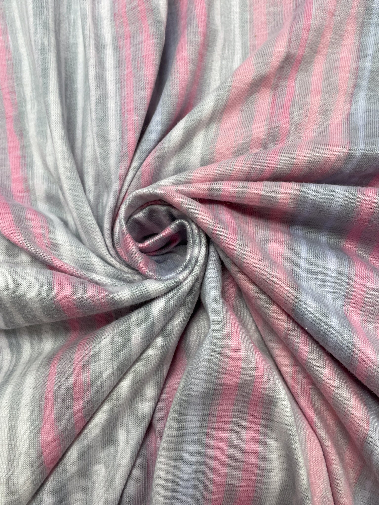 1 1/2 YD Poly/Cotton Printed Stripe Knit Vintage - "Chalk" Stripes in Gray, Pinks and Lavender