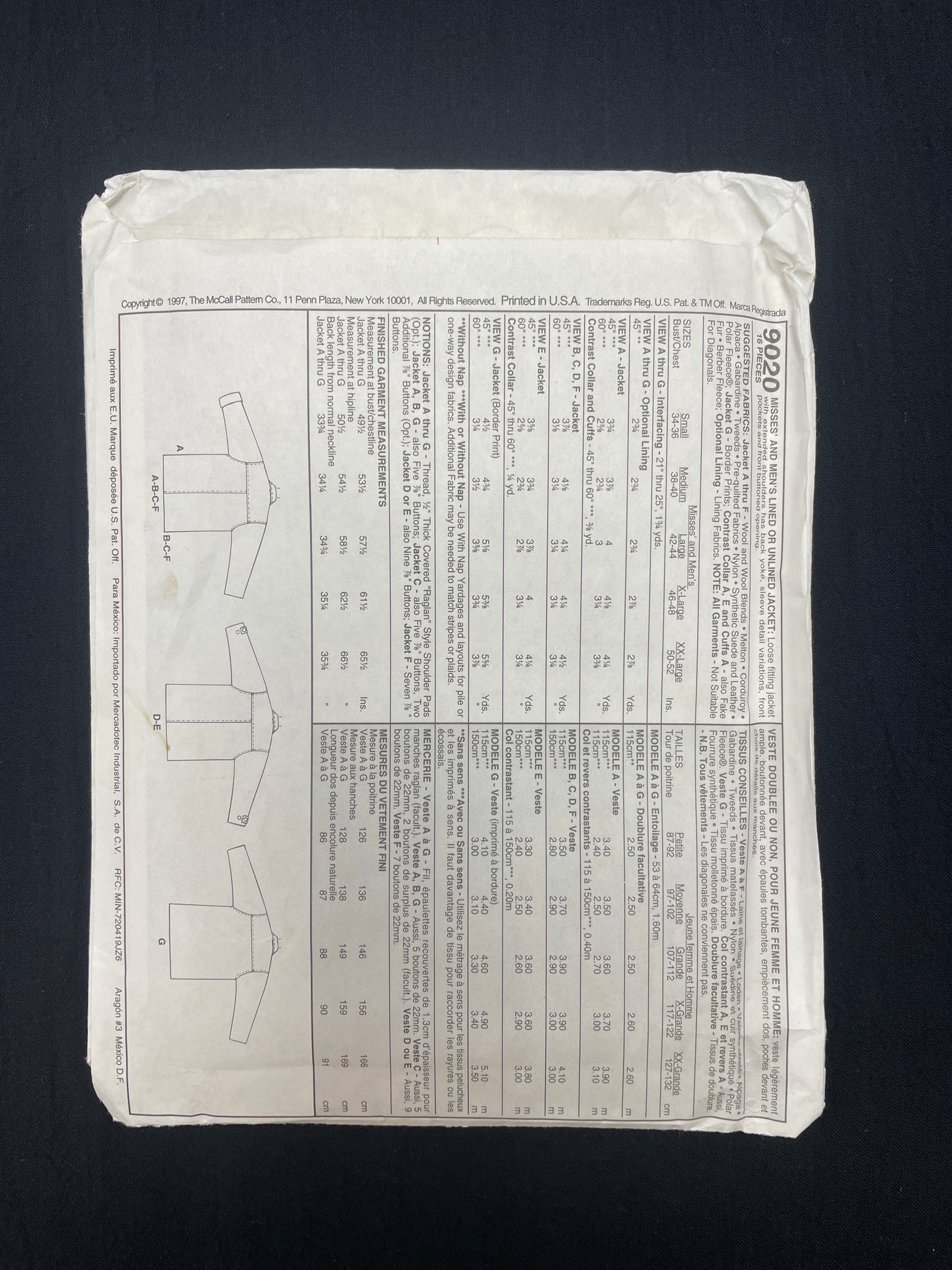 1997 McCall's 9020 Sewing Pattern - Jacket FACTORY FOLDED