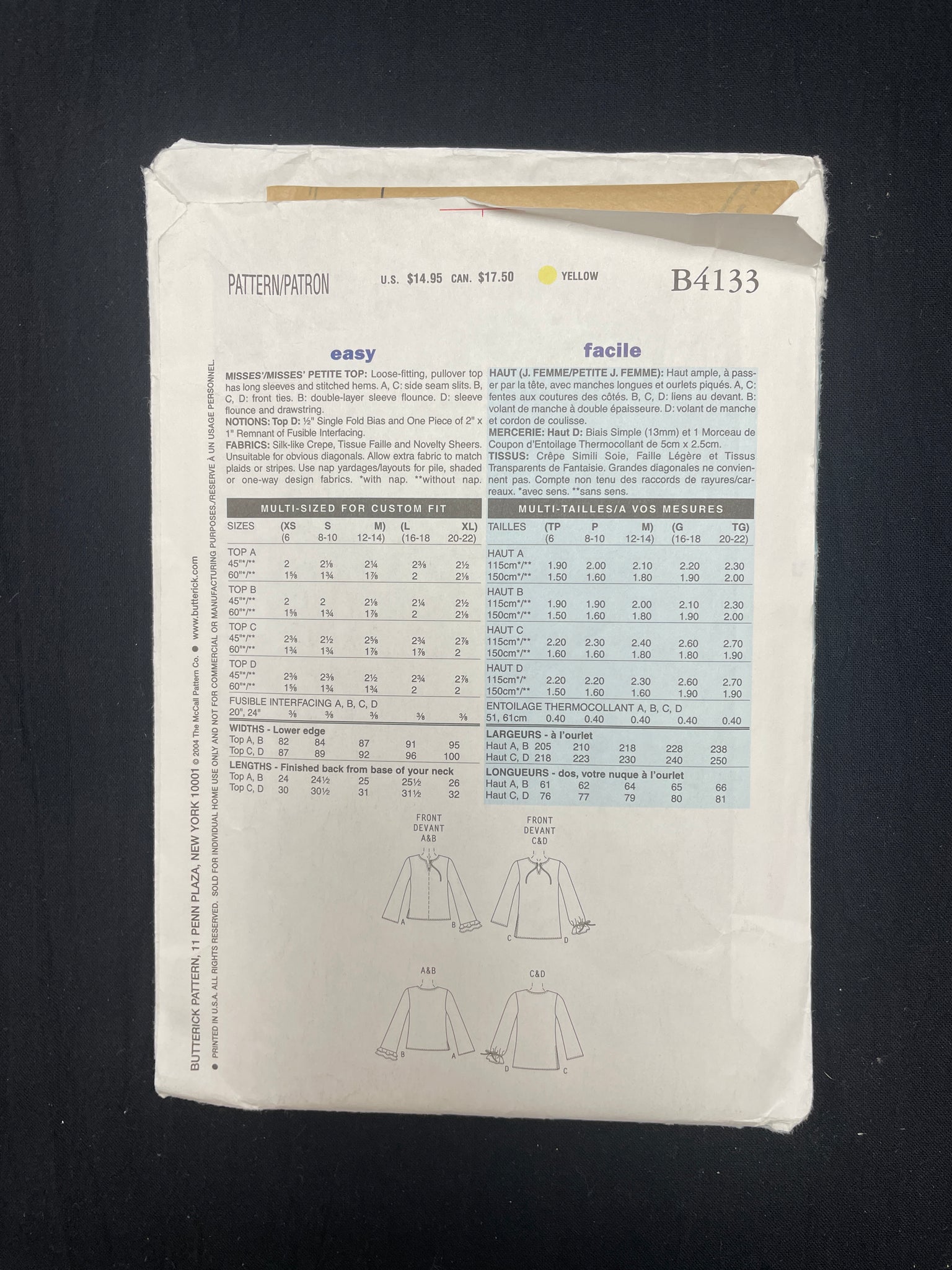 2004 Butterick 4133 Sewing Pattern - Blouse FACTORY FOLDED