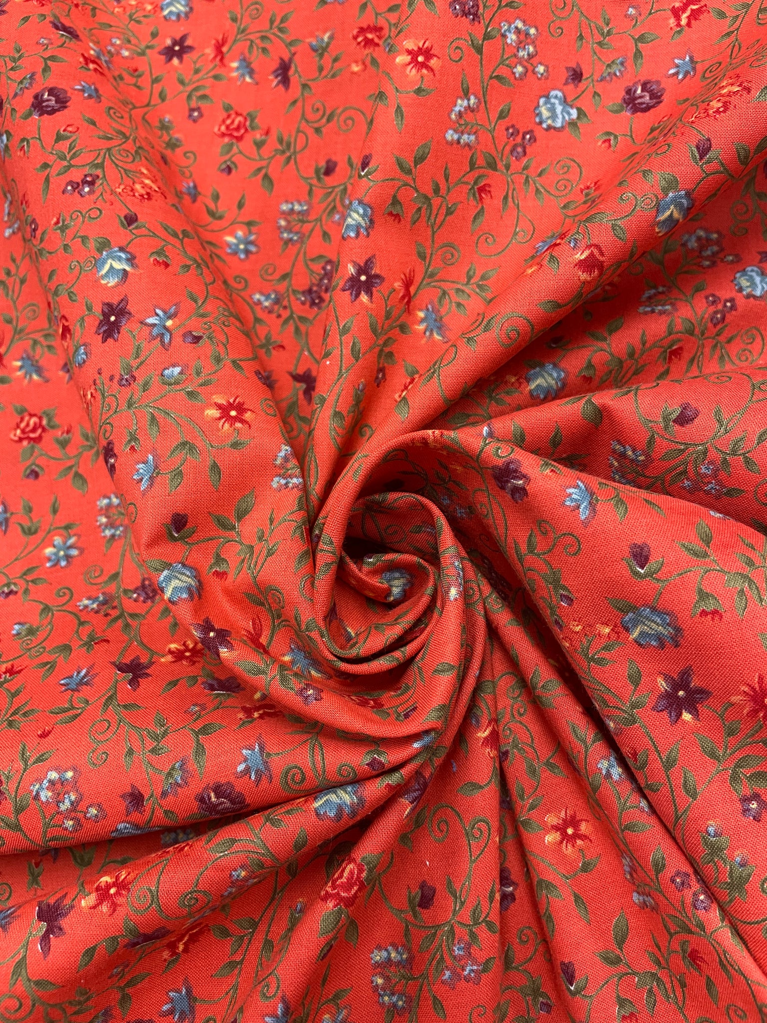 Quilting Cotton Vintage - Red, Purple and Blue Flowers on Apricot Orange