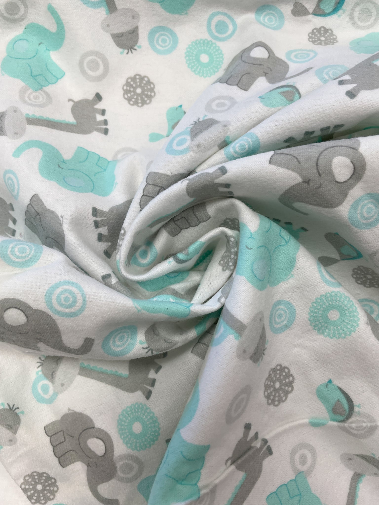 1 YD Cotton Flannel - White with Gray and Aqua Elephants, Giraffes and Birds
