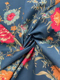 2 3/8 YD Cotton Vintage - Dark Red and Orange Flowers on Dark Teal