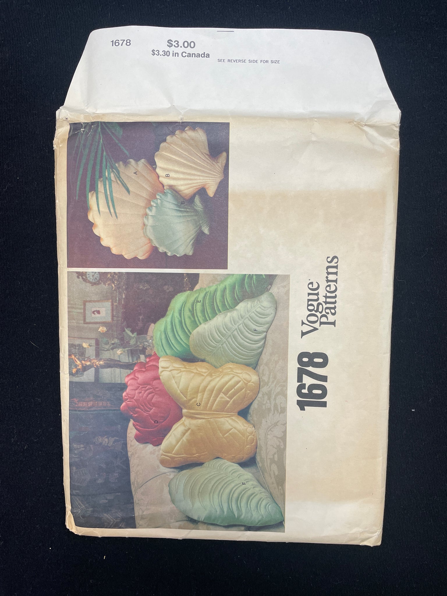 1988 Vogue 1678 Sewing Pattern - Butterfly, Flower, Leaf and Sea Shell Pillows FACTORY FOLDED