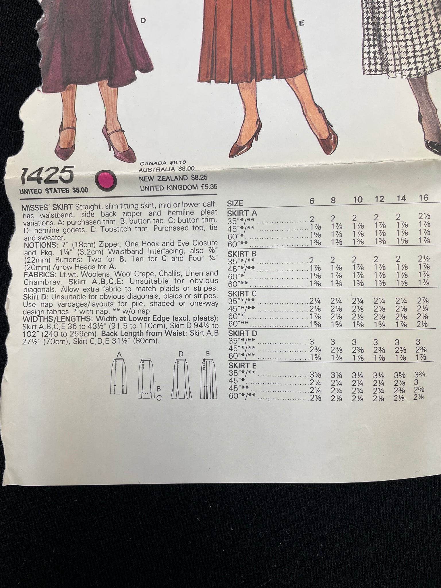 1980's Vogue 1425 Sewing Pattern - Adult Skirts FACTORY FOLDED