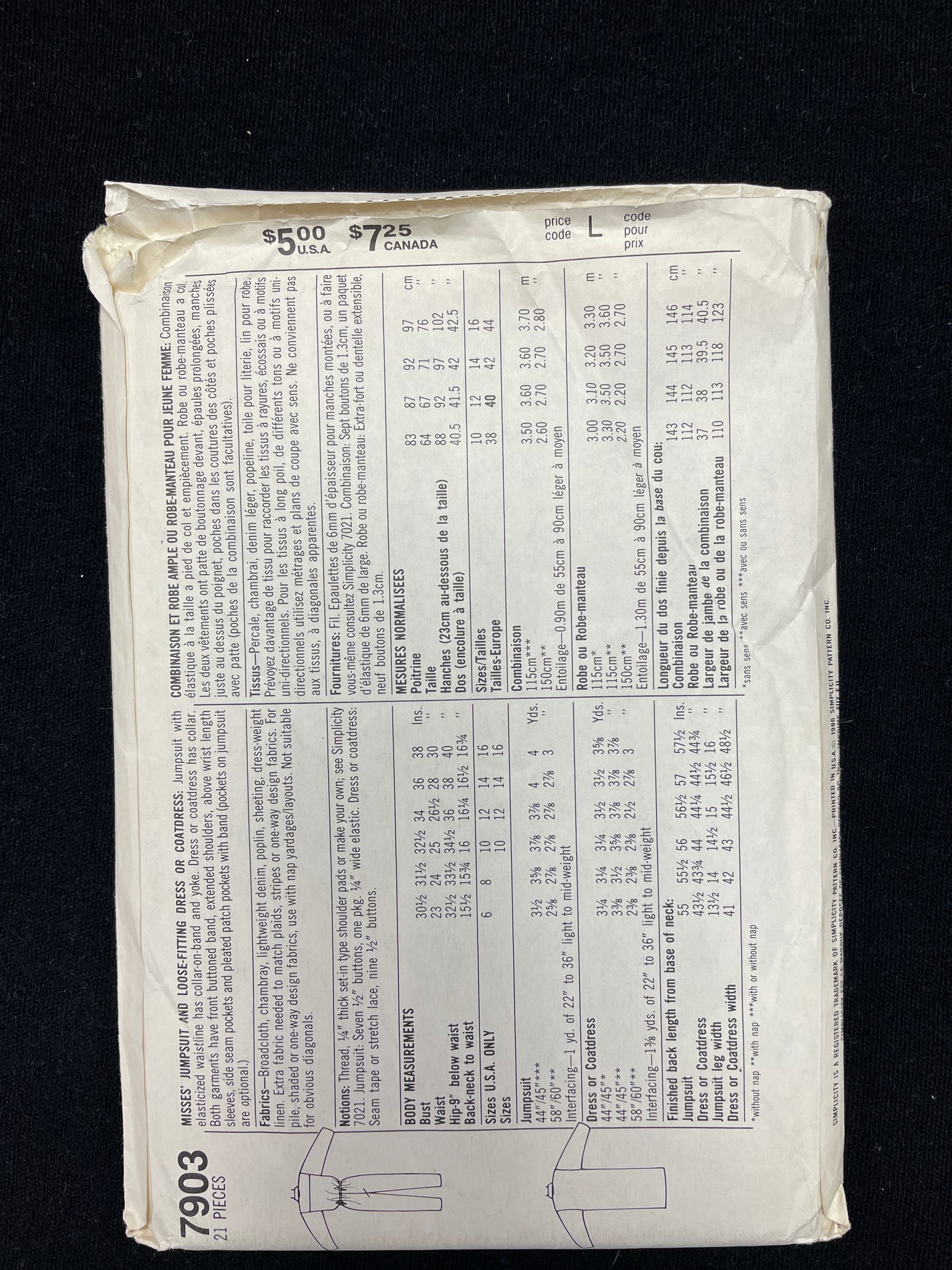 1986 Simplicity 7903 Sewing Pattern - Adult Jumpsuit and Dress FACTORY FOLDED