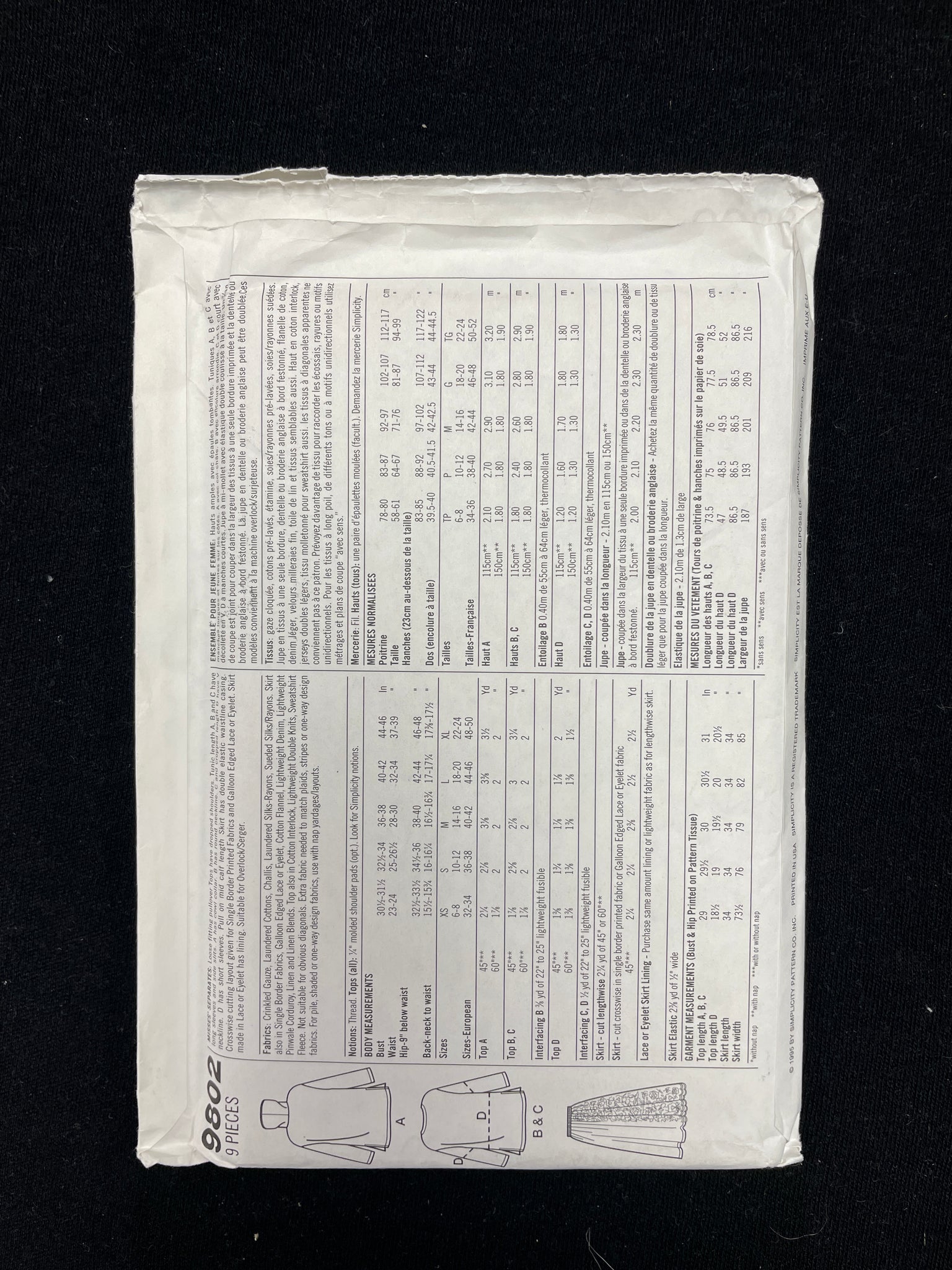 1995 Simplicity 9802 Sewing Pattern - Adult Top and Skirts FACTORY FOLDED