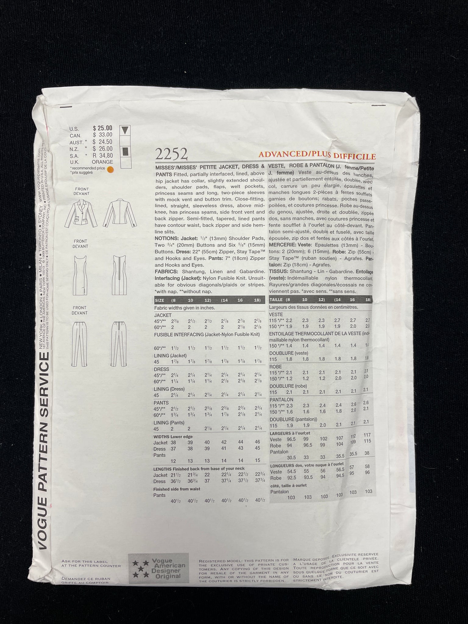 1999 Vogue 2252 Sewing Pattern - Adult Dress, Pants and Jacket FACTORY FOLDED